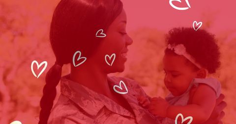 African American Mother Embracing Child with Love Symbols