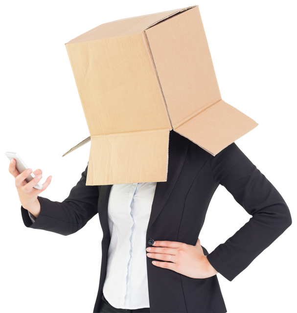 Businesswoman with Transparent Cardboard Box on Head Using Smartphone - Download Free Stock Videos Pikwizard.com