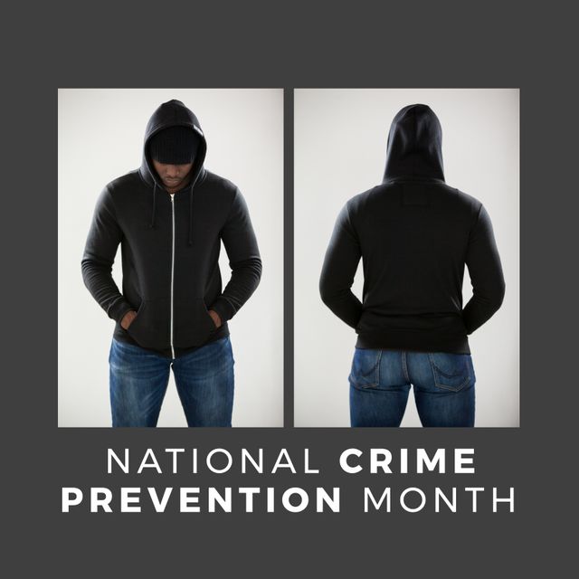 Collage of african american man wearing black hood and national crime prevention month text. Copy space, composite, criminal, helping, protection, awareness and alertness concept.