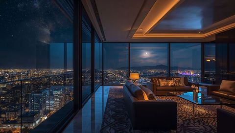 Showcasing luxury high-rise living room overlooking city skyline at night