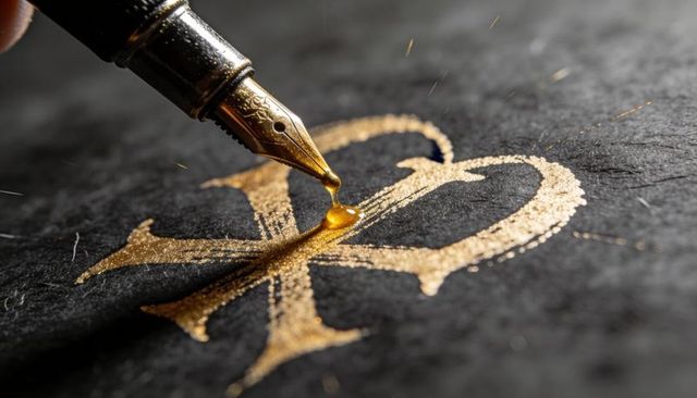 Fountain pen applying liquid gold gilding on black paper ornate monogram metallic shimmer