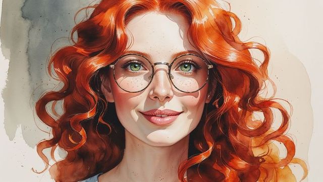 Charming Red-haired Woman with Glasses and Watercolor Flair