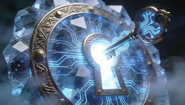 Antique brass key unlocking faceted crystal lock with glowing blue circuit lines