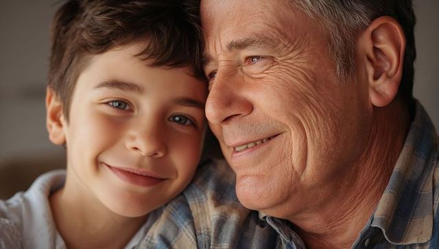 Grandfather and grandson sharing warm smiling closeup showing strong family bond