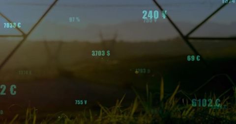 Floating cyan currency symbols over backlit rural road with foreground grass and metal fence