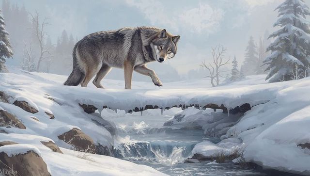 Solitary gray wolf traversing snowy ravine above ice-lined creek in misty winter forest