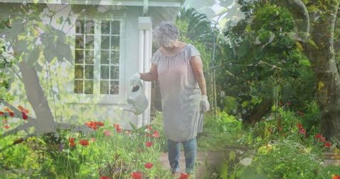 Senior Woman Watering Flowers in Lush Garden with Double Exposure Effect - Download Free Stock Images Pikwizard.com