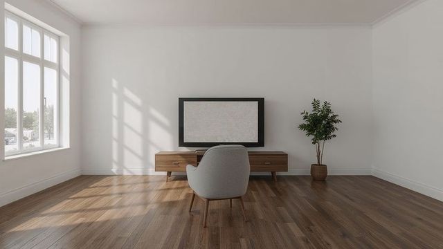 Minimalist Living Room with Gray Chair and Wooden TV Stand