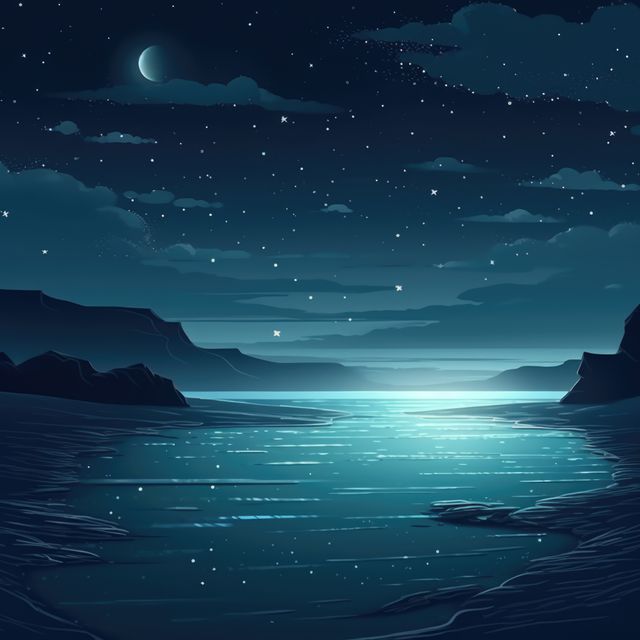 Landscape mountains and sea at night created using generative ai technology. Landscape and nature concept digitally generated image.