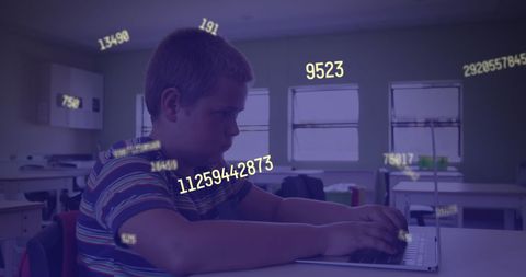 student concentrating on laptop with floating numbers in classroom - Download Free Stock Images Pikwizard.com