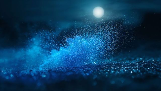 Abstract Swirling Blue Particle Cloud on Cosmic Shore