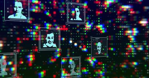 Displaying cyan halftone portraits inside neon cyber data hud with floating pixel grid