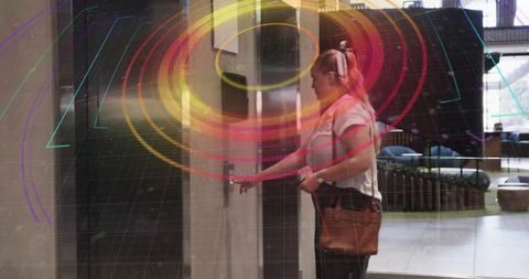 Businesswoman engaging electronic access amidst digital overlay