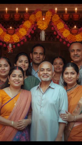 Extended Family Posing Under Marigold Garland for Festive Vertical Video Portrait