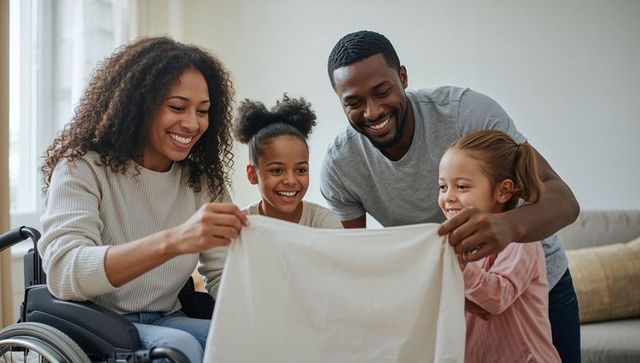 Happy family collaborating on household chores in well-lit living room
