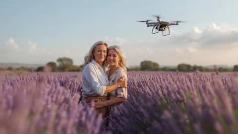Mother and Daughter Embracing in Lavender Field While Drone Filming Golden Hour Scene