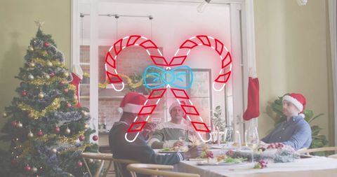 Friends Celebrating Christmas Dinner with Candy Cane Overlay