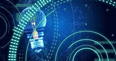 Glowing holographic lightbulb emitting digital sparks with neon arcs and data network