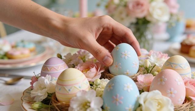 Hand picking pastel easter egg among floral nest table decoration