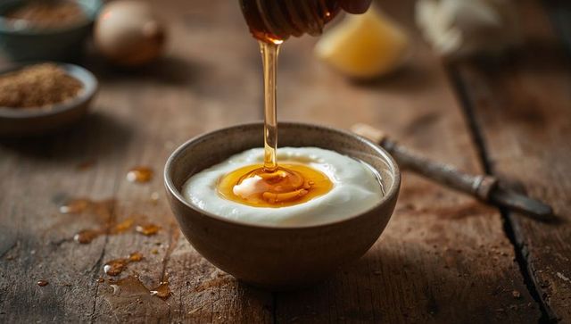 Pouring honey over creamy yogurt in rustic bowl on wooden table close-up drizzle
