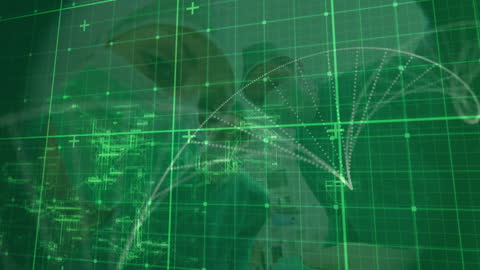 Futuristic Digital DNA Grid Overlaying Laboratory