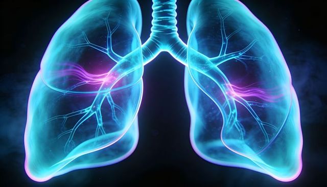 Neon Glowing Lungs Medical Illustration Highlighting Trachea, Bronchi, Pulmonary Nodes