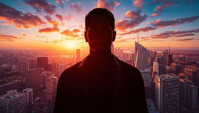 Silhouetted man standing on rooftop facing glowing city skyline during dramatic sunset