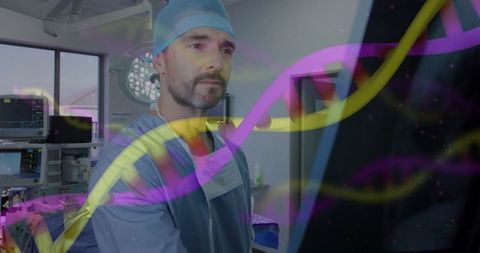 Surgeon Analyzing Genetic Data on Monitor with DNA Overlay