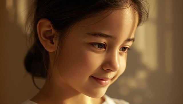 Golden window light portrait of smiling girl with low bun and blinds shadow
