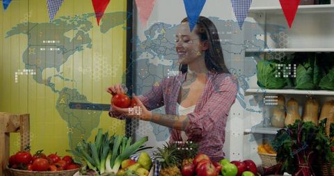 Market Vendor Weighing Ripe Tomato among Fresh Produce