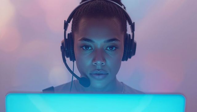 Customer Support Professional Using Laptop with Headset in Futuristic Office Ambiance