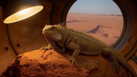 Green iguana basking on red rock under heat lamp inside metal enclosure with desert view