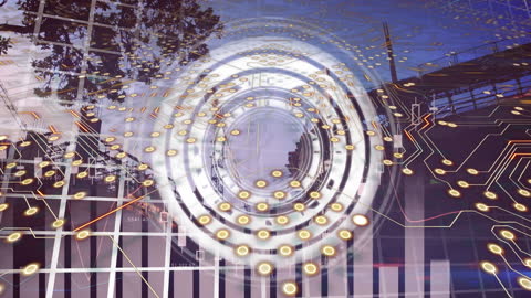 Digital Circuitry Overlapping Urban Construction Scene