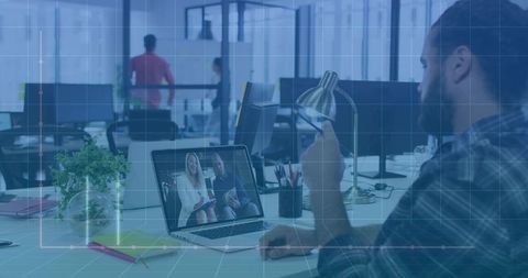 Professional Video Conference Call in Modern Open Office Environment