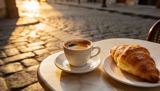 Sunlit espresso and butter croissant sitting on marble cafe table by cobblestone street