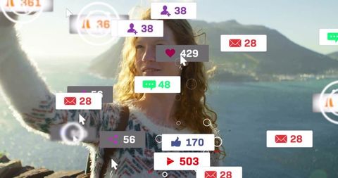 Influencer taking selfie on coastal cliff with social media notification overlays