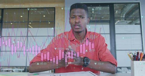 Businessman engaging in virtual call with digital data analysis overlay