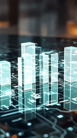 Powering Holographic Cityscape Rising From Circuit Grid, Forming Futuristic Vertical Tech Skyline