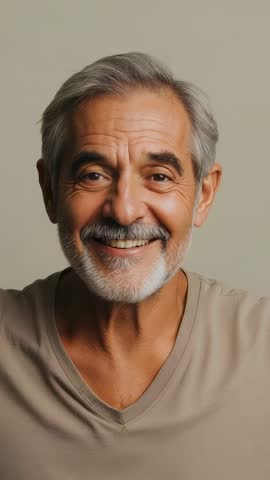 Smiling senior man responding to cue in studio closeup vertical video for social media