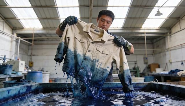 Artisan indigo dyeing: textile worker lifting wet denim jacket from indigo vat in workshop