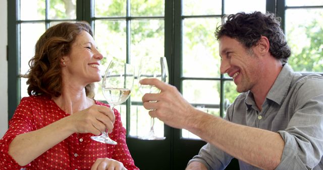 Couple smiling and toasting wine glasses, enjoying quality time together indoors near a sunlit window. This can be used for content about relationships, celebrations, leisure time, or home life scenes.