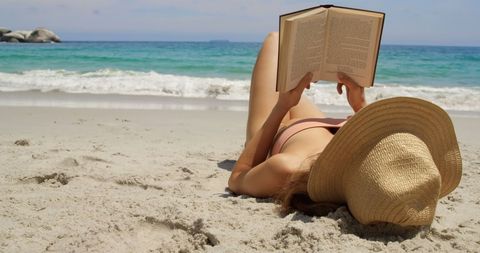 Woman Relaxing on Sandy Beach Reading Book Under Sun Hat - Download Free Stock Images Pikwizard.com