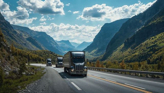 Convoy of semi trucks driving through scenic mountain valley highway