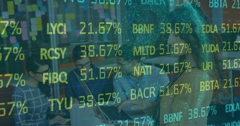 Team collaborating in coworking space with financial ticker overlay