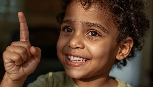 Smiling child pointing finger with curly hair and bright eyes, warm close-up portrait