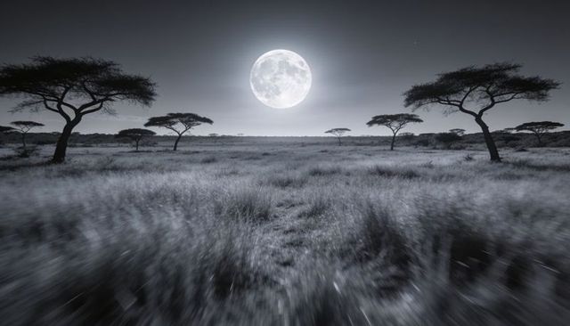 Full moon illuminating african savanna at night with silhouetted acacia trees and wind-blown grasses