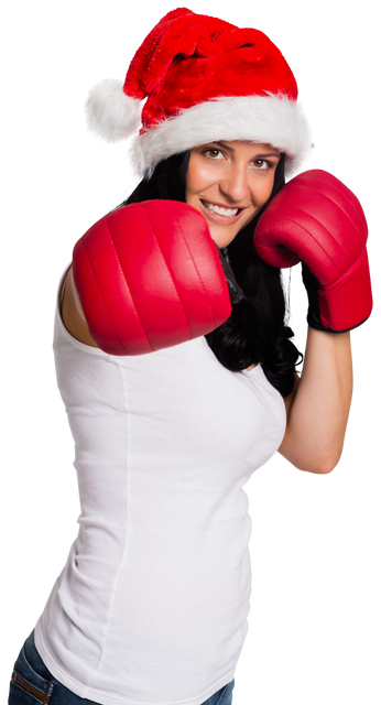 Confident Woman in Boxing Gloves Wearing Red Santa Hat on Transparent Background - Download Free Stock Videos Pikwizard.com