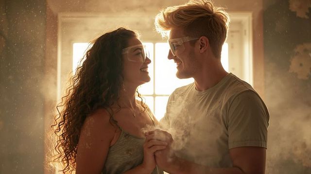 Couple holding hands during home renovation wearing safety goggles in sunlit dusty room