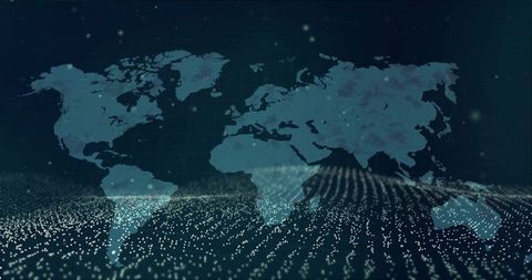 World Map in Virtual Space with Glowing Data Points and Wave Patterns