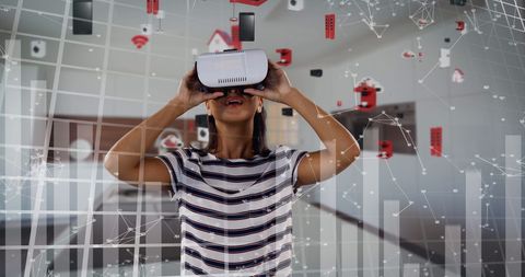 Woman Embracing VR Technology with Digital Data Interface